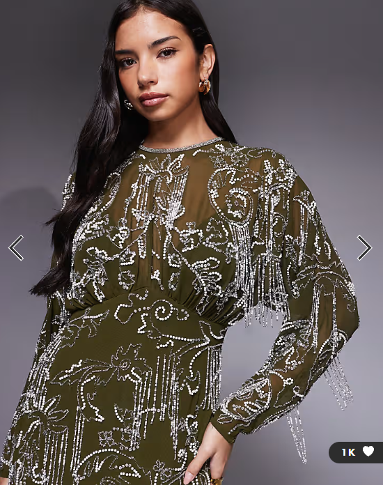 ASOS DESIGN long sleeve all over fringe embellished maxi dress in khaki