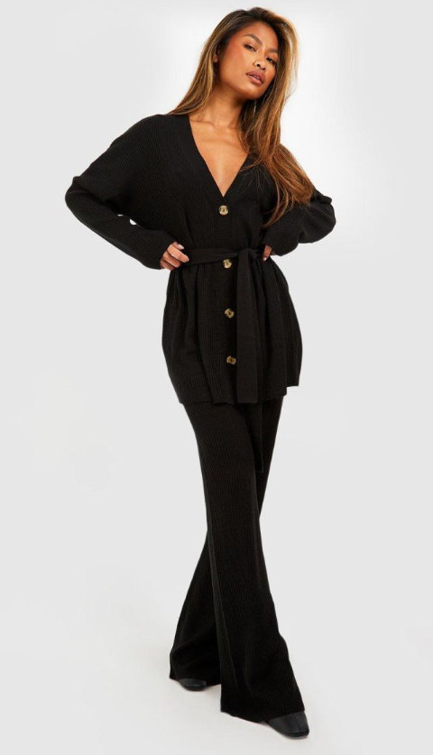Boohoo - Knitted Cardigan & Wide Leg Trouser Co-ord - black SET