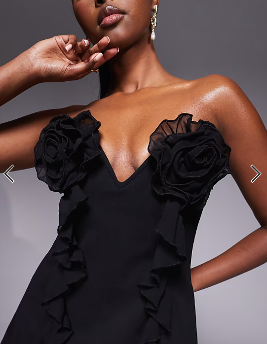 Murci exclusive bandeau plunge neck corsage detail mini dress in black