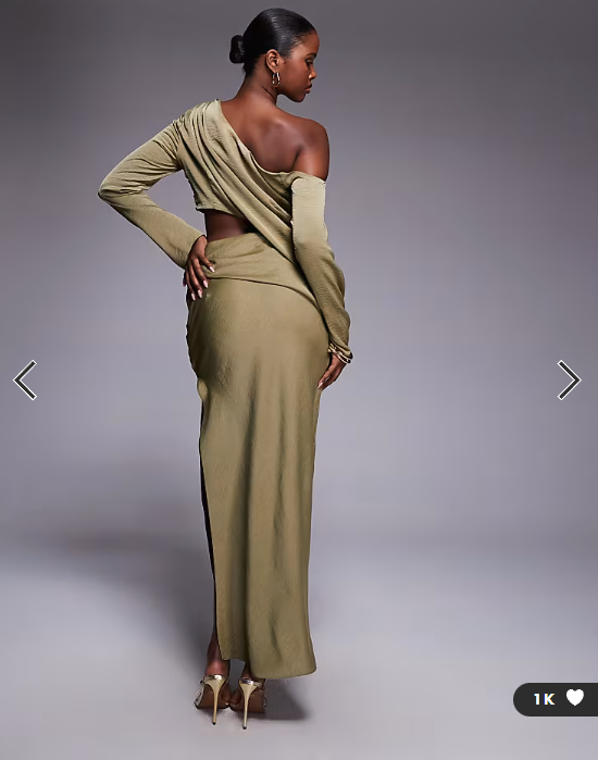 ASOS DESIGN fallen shoulder maxi dress with cutout waist in khaki