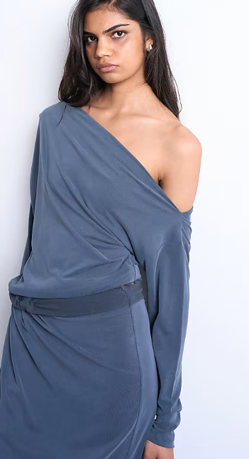 Topshop cupro long sleeve bardot twist detail top co-ord in charcoal grey