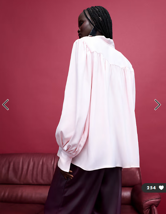 ASOS DESIGN satin shoulder pad tie neck blouse in pink