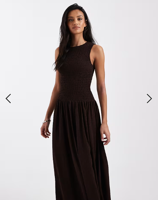 Brave Soul drop waist racer dress with shirred bodice in brown