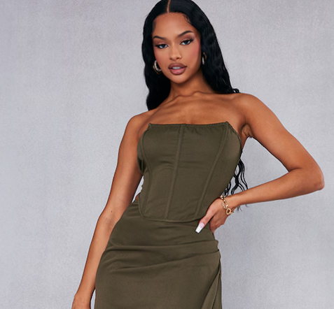 Khaki Woven Structured Bandeau Corset
