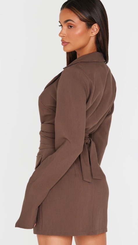 Chocolate Woven Wrap Belted Blazer Dress
