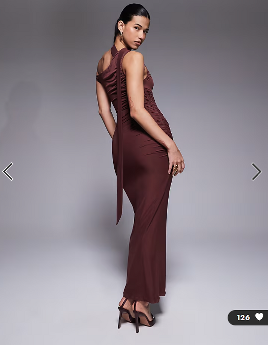 The Frolic exclusive slinky off shoulder scarf neck detail bodycon maxi dress in brown