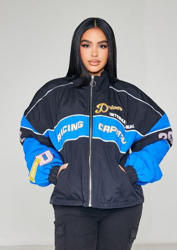 Petite Blue Slogan Zipped Racer Bomber Jacket