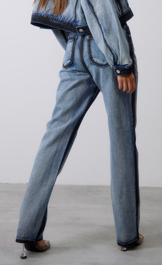 Indigo Blue Wash Contrast Edge Washed Down Straight Leg Denim Jeans