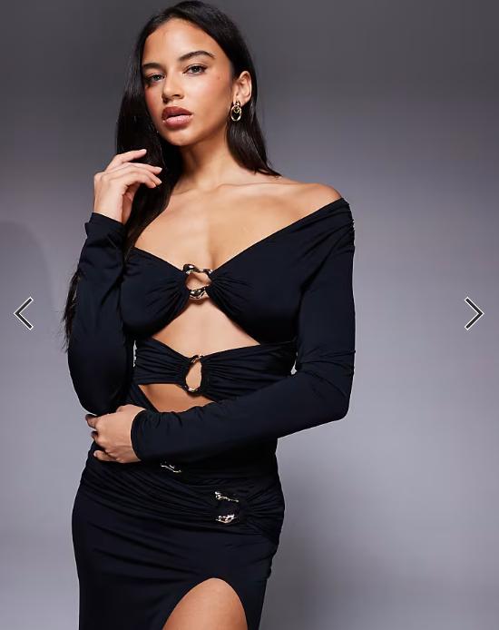 Murci exclusive off shoulder gold hardware cutout detail bodysuit and maxi skirt set in black