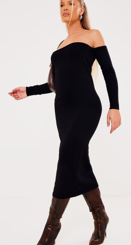 Plt - Black Long Sleeve Knit Scoop Neck Dress
