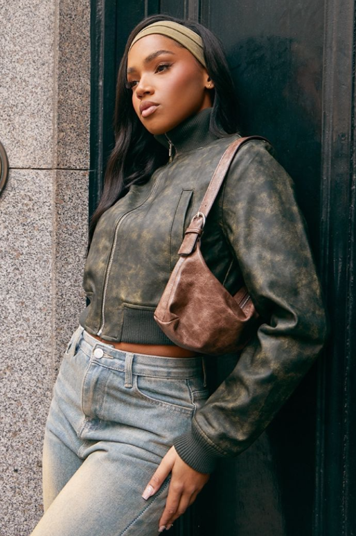 Washed Khaki Faux Leather Rib High Neck Shoulder Padded Bomber Jacket