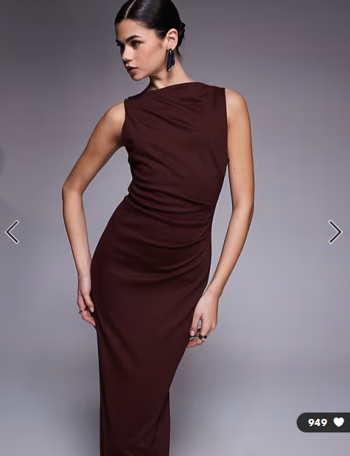 ASOS DESIGN slash neck ruched midi dress in chocolate