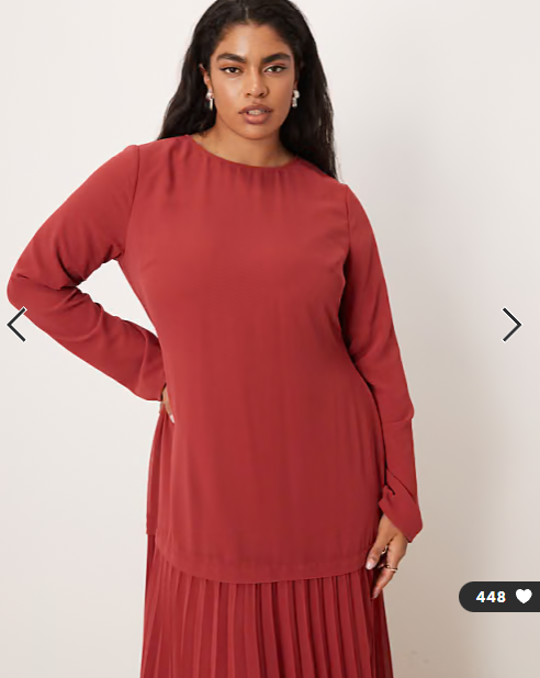 ASOS DESIGN Curve long sleeved pleated skirt maxi dress in deep red ...