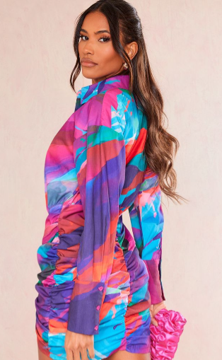 Plt - Multi Abstract Print Oversized Shirt Ruched Bodycon Dress