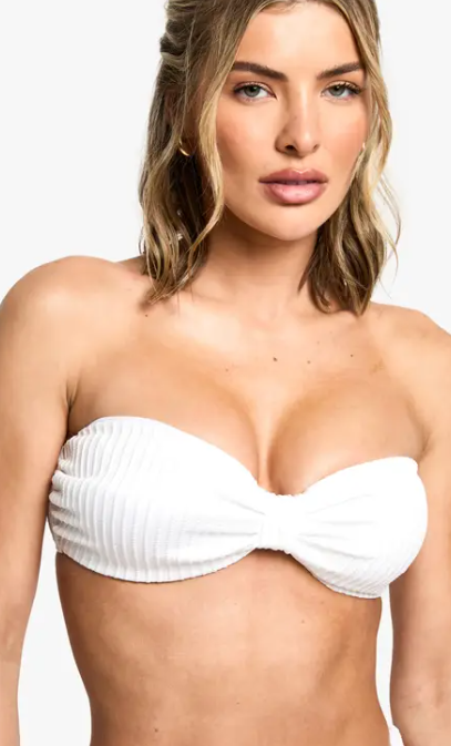 boohoo Textured Stripe Knot Front Bandeau Bikini Top