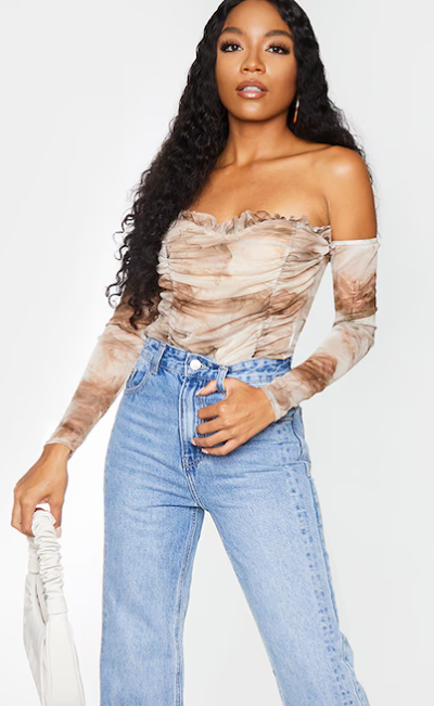Nude Smoke Printed Mesh Ruched Bardot Bodysuit