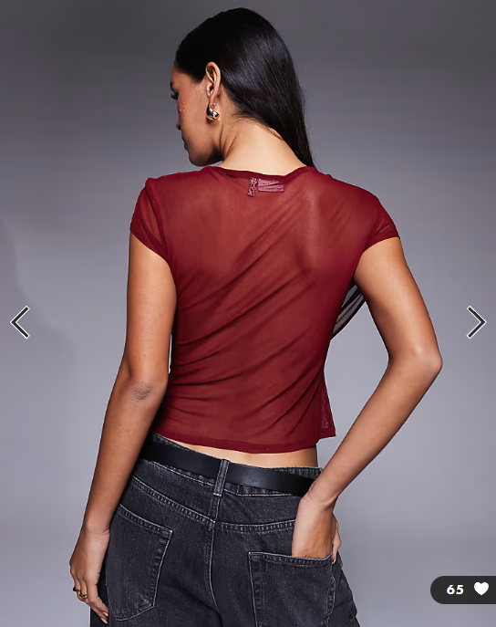 ASOS DESIGN mesh short sleeve drape front top in burgundy
