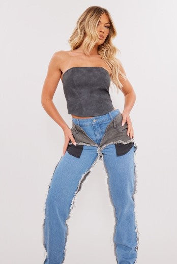 Light Blue Wash Layered Effect Straight Leg Jeans