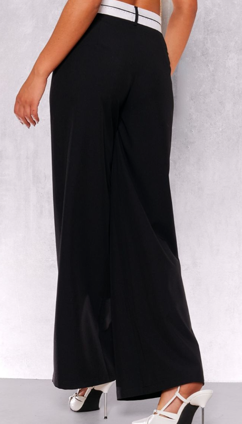 Black Contrast Double Waistband Tailored Straight Leg Trousers
