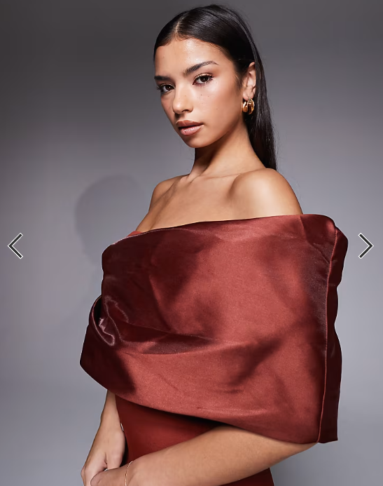 ASOS DESIGN Premium one shoulder draped maxi dress with contrast satin train in rust scuba-style fabric