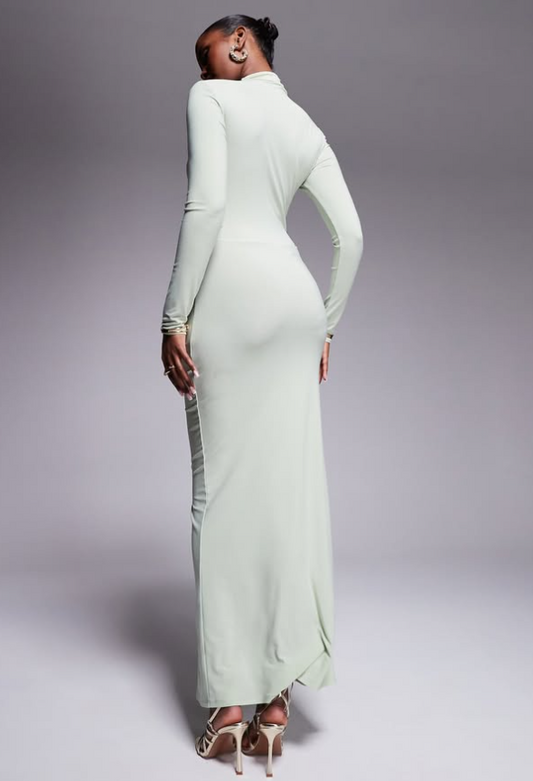 Asos - long sleeve high neck maxi dress with central ruched detail sage green