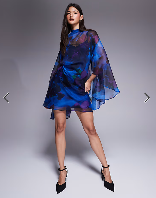 ASOS DESIGN high neck drape front extreme cape sleeve mini dress in blue floral