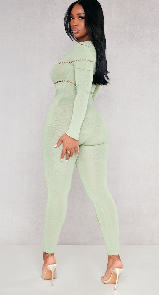 Shape Sage Khaki Bardot Knitted Hole Detailed Jumpsuit