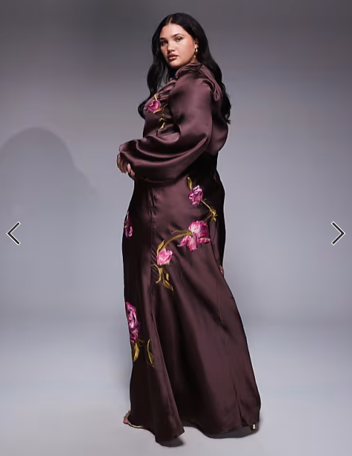 ASOS DESIGN Curve cowl neck floral embroidered bias maxi dress with blouson sleeve in chocolate