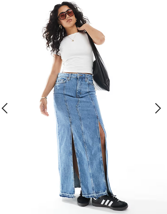 Monki western style denim maxi skirt in vintage blue wash