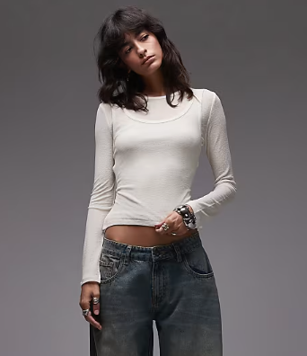 ASOS DESIGN double layer sheer top in ivory