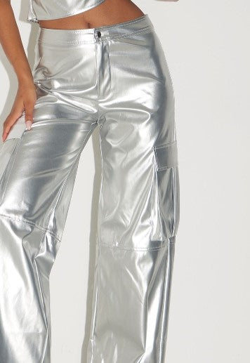 SILVER METALLIC FAUX LEATHER WIDE LEG CARGO TROUSERS