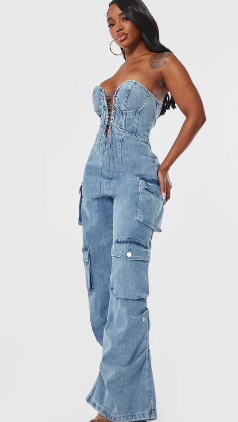Shape Vintage Mid Wash Denim Bandeau Lace Up Front Wide Leg Jumpsuit