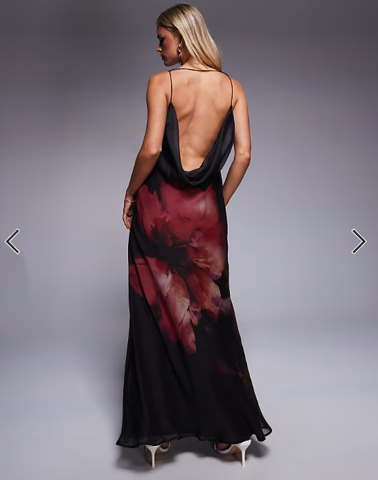 ASOS DESIGN Petite cowl neck plunge maxi dress with back detail in pink placement floral print
