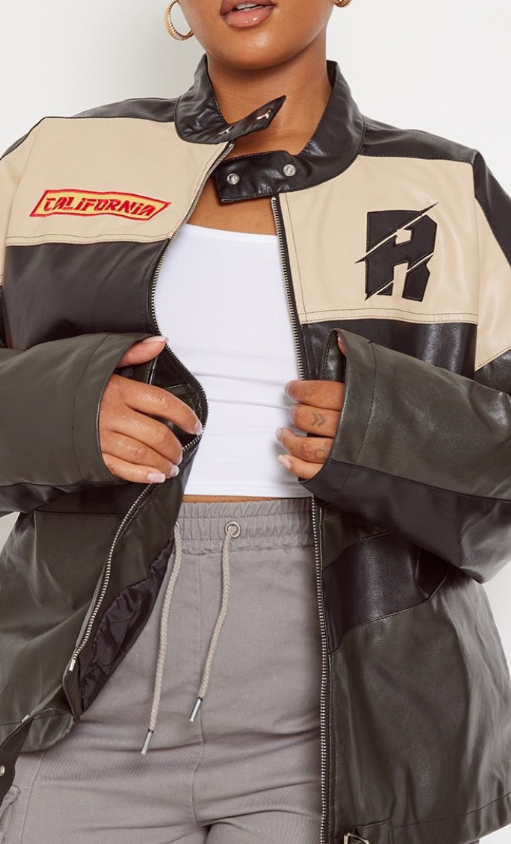 Plt - Plus Black Contrast Panel Oversized Faux Leather Motocross Jacket
