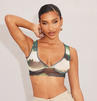 Green printed v neck crop top