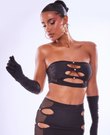 Black Fishnet Panel Glove Sleeves Extreme Cut Out Crop Top