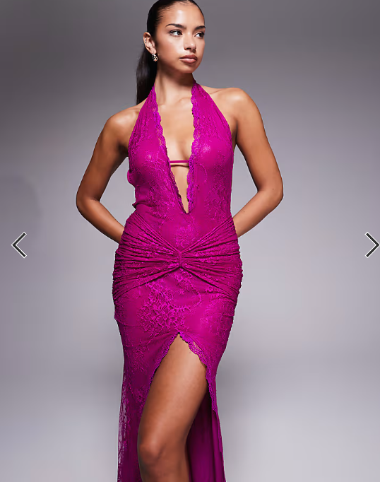 Murci exclusive lace halterneck deep plunge front split maxi dress in cerise