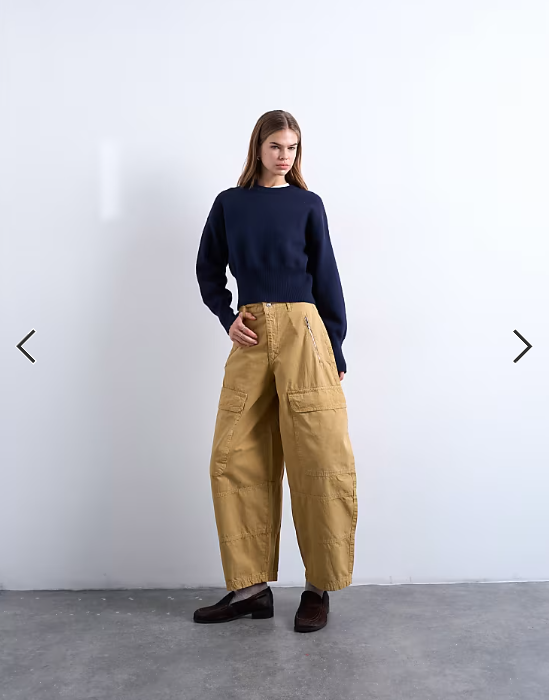 Topshop balloon cargo trouser with zip and pocket details in camel