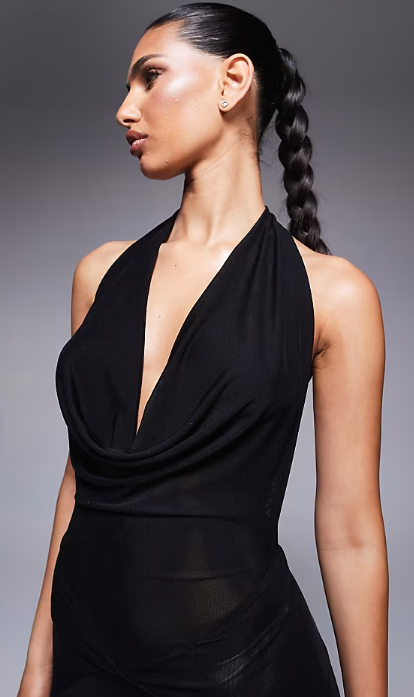 Asos  - Murci exclusive mesh halterneck open back cowl neck maxi dress in Black