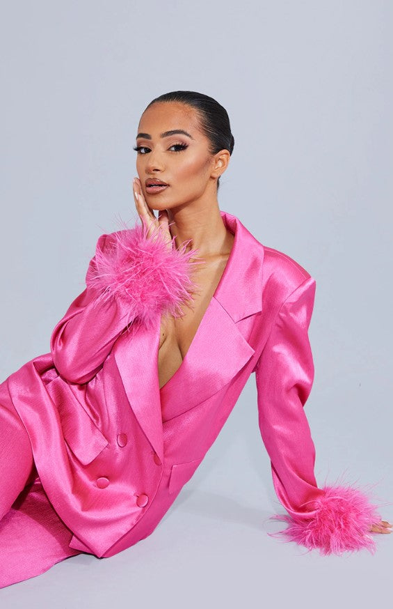 Petite Hot Pink Oversized Satin Feather Cuff Detail Suit Blazer