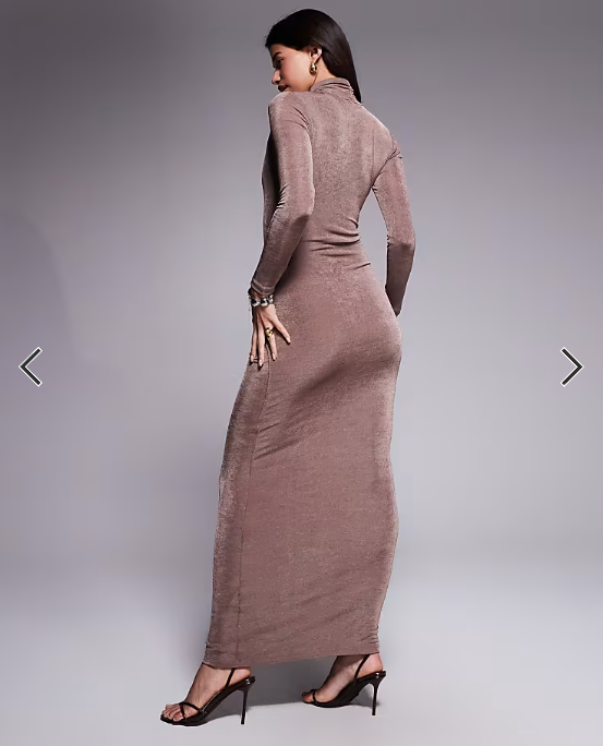 Aria Cove slinky high neck knot drape front maxi dress in mocha