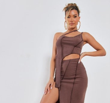 Chocolate Exposed Seam Rib Asymmetric Cami Top