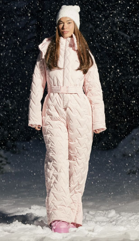 Plt - SKI Baby Pink Chevron Quilted Belted Snow Suit