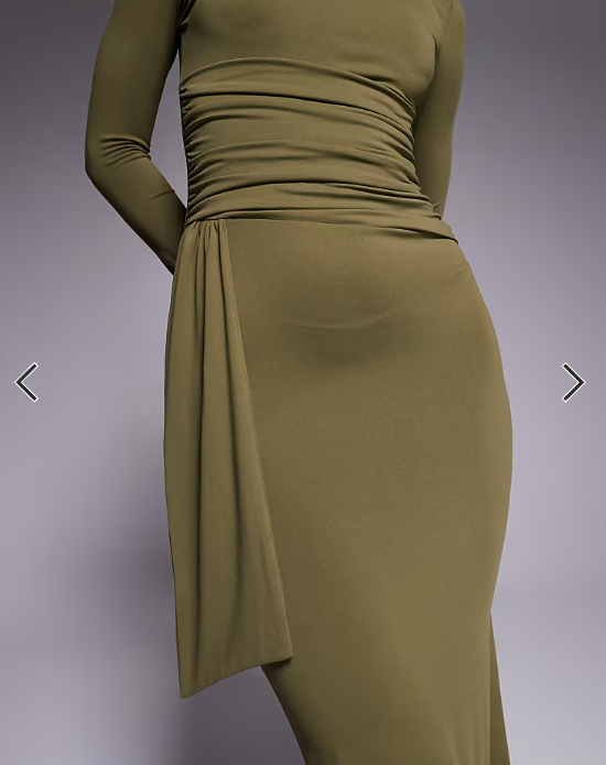 ASOS DESIGN long sleeve wrap waist detail midi dress in khaki
