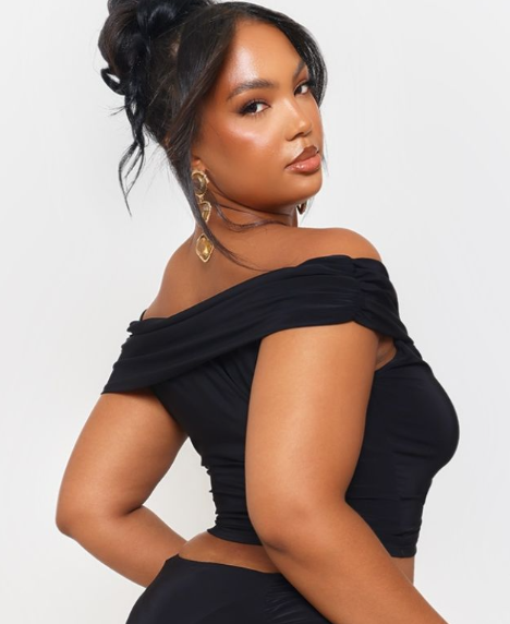 Plus Black Slinky Gold Trim Detail Bardot Top