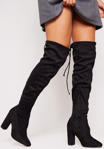 Black Wide Fit Faux Suede Round Toe Block Heel Over The Knee Boots