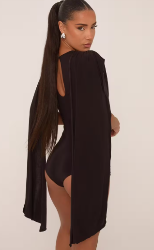 Cap Sleeve Drape Cape Detail Micro Playsuit In Chocolate Black Slinky
