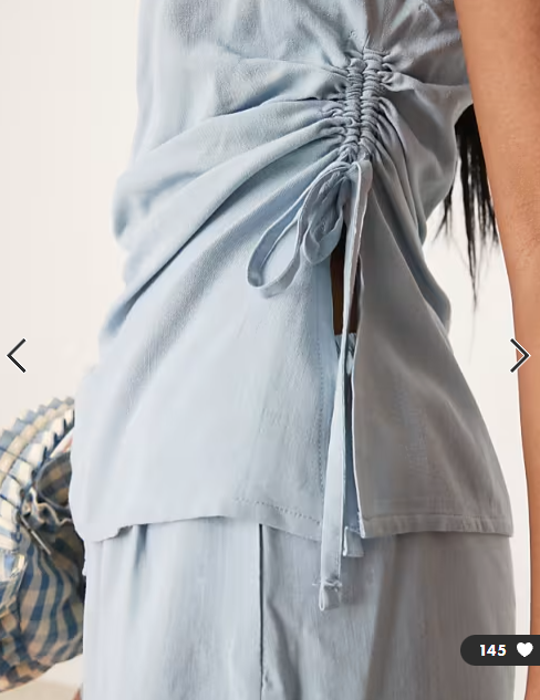 ASOS DESIGN linen blend ruched tie side bandeau top in blue co ord