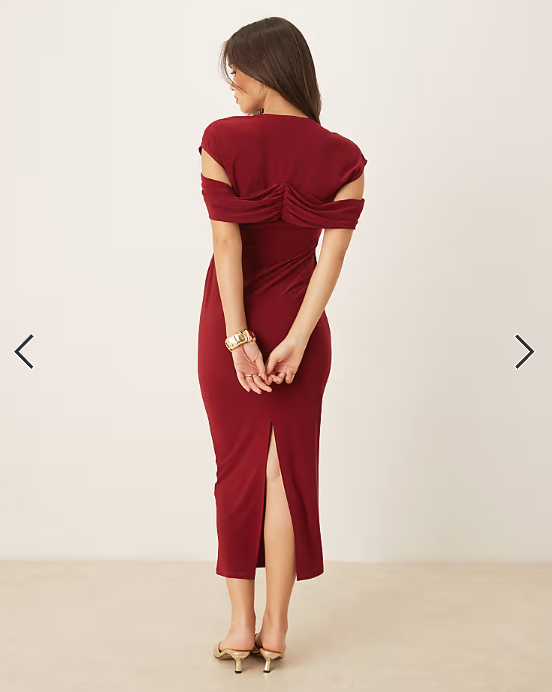 ASOS DESIGN twist shoulder midi dress in burgundy
