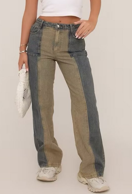 High Waist Contrast Panel Straight Leg jeans